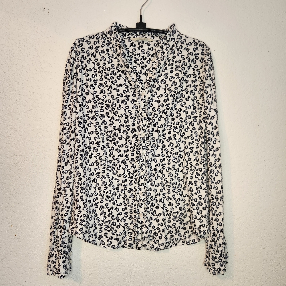Boden White with Navy Floral Print Women's Button-Up Ruffles, Size Missing